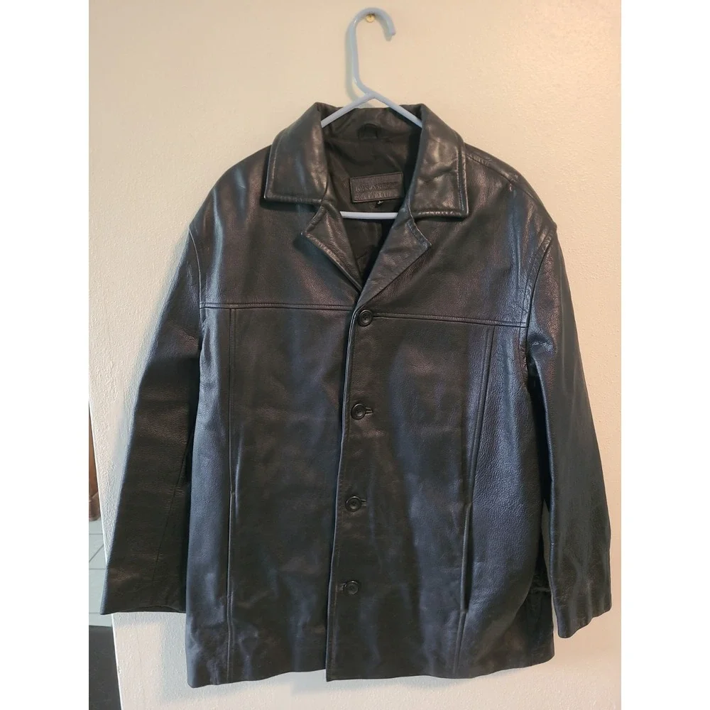 John Ashford Leather Jacket Sz L Coat Black Biker Vtg Y2k 80s 90s ButtonsPockets